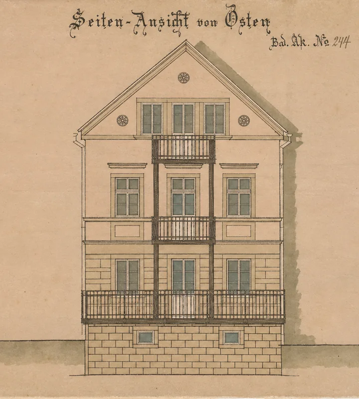Seitenansicht des Hauses von Osten, Zeichnung aus der Bauakte Nr. 244