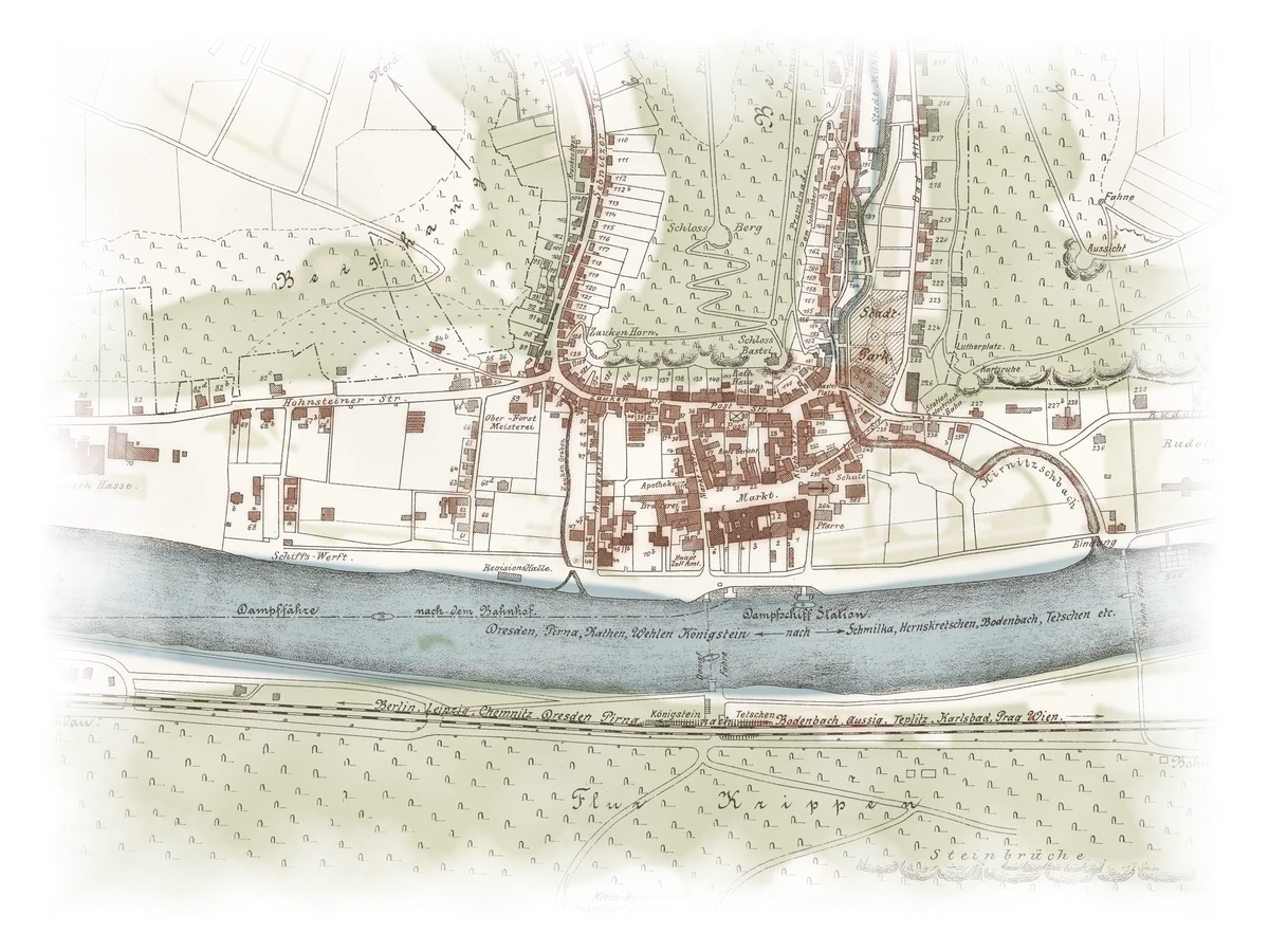 Plan von Schandau aus dem Jahr 1900, farbig laviert, mit dem Obscuratorium am Basteiplatz, dem Markt, der Elbe und dem Bahnhof