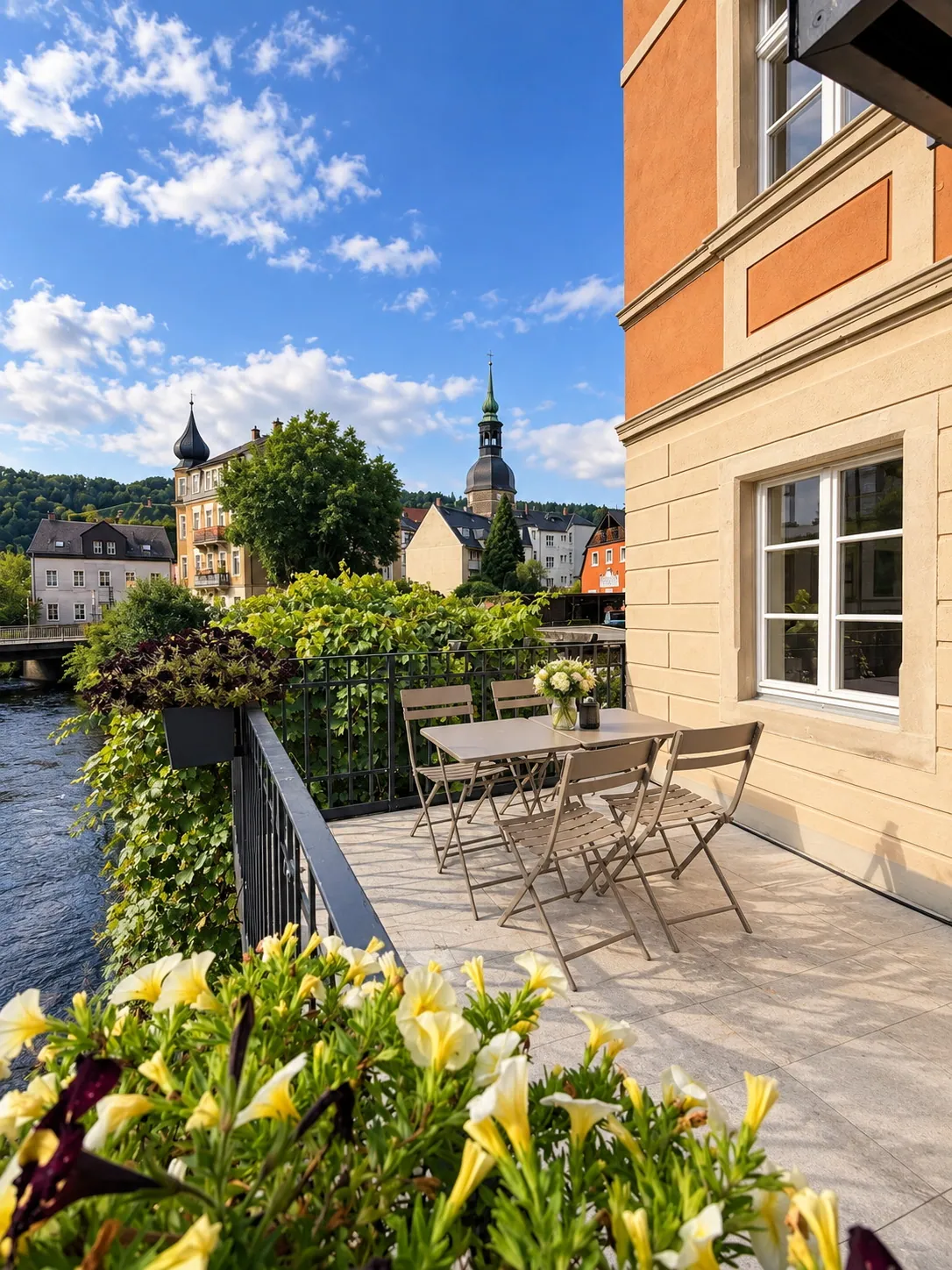 Die Terrasse der Alten Schusterei direkt über der Kirnitzsch, mit Tisch, Stühlen und Blumen